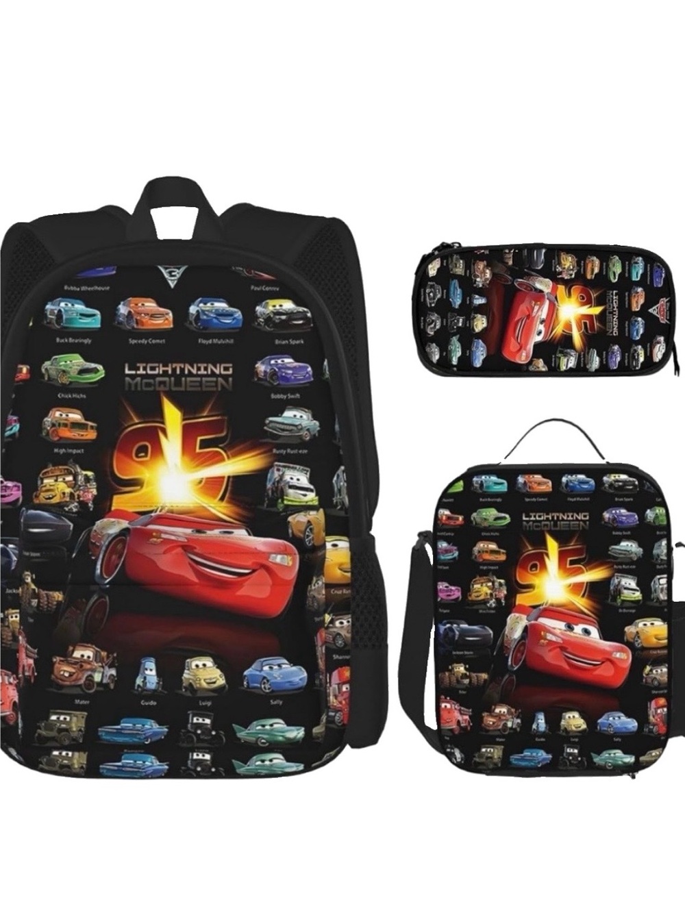 3 pc Cars 95 Lightning McQueen School Backpack, Lunch Box/Bag & Pencil Case New!